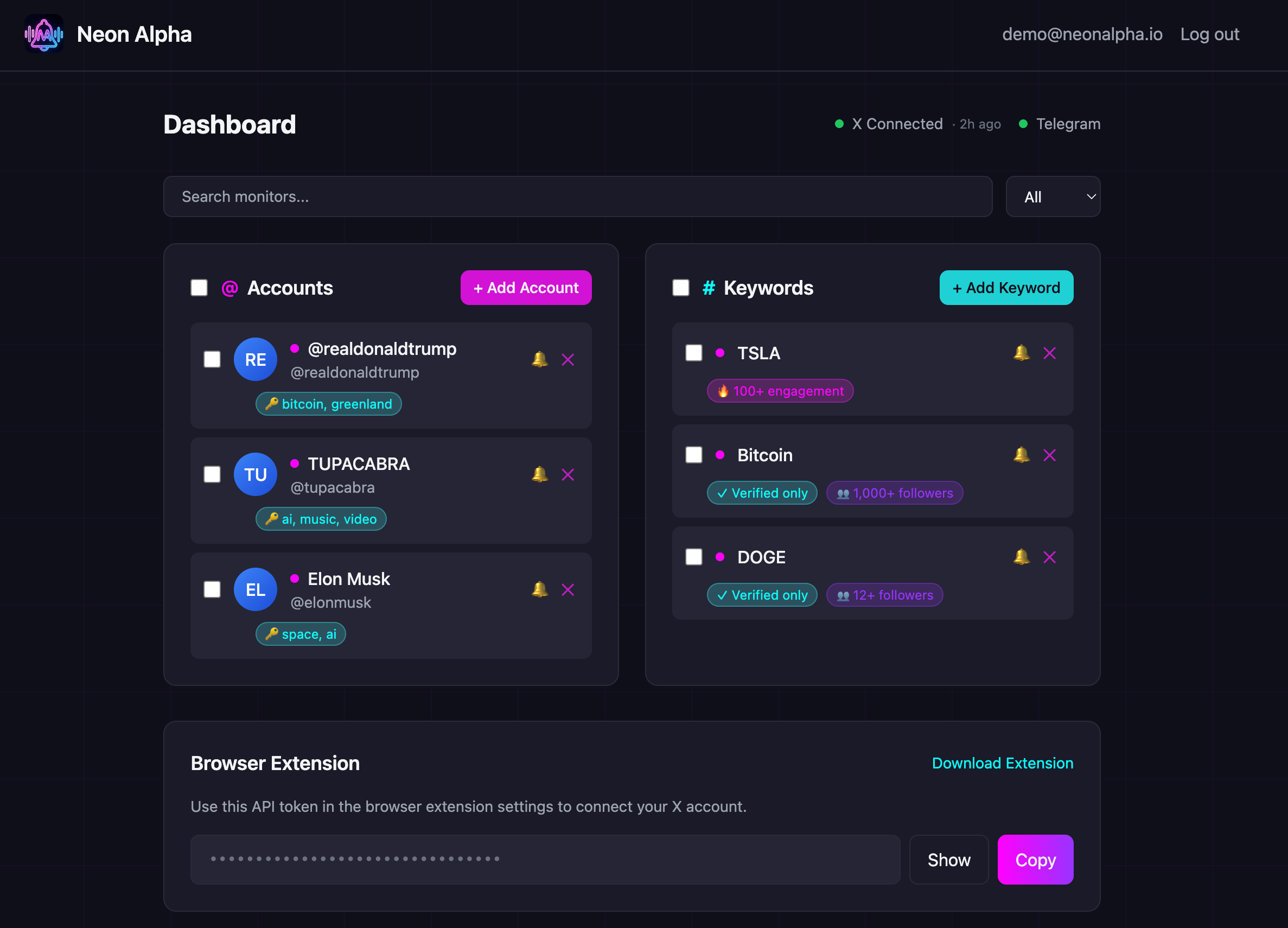 Neon Alpha Dashboard - Track accounts, keywords, and get alerts